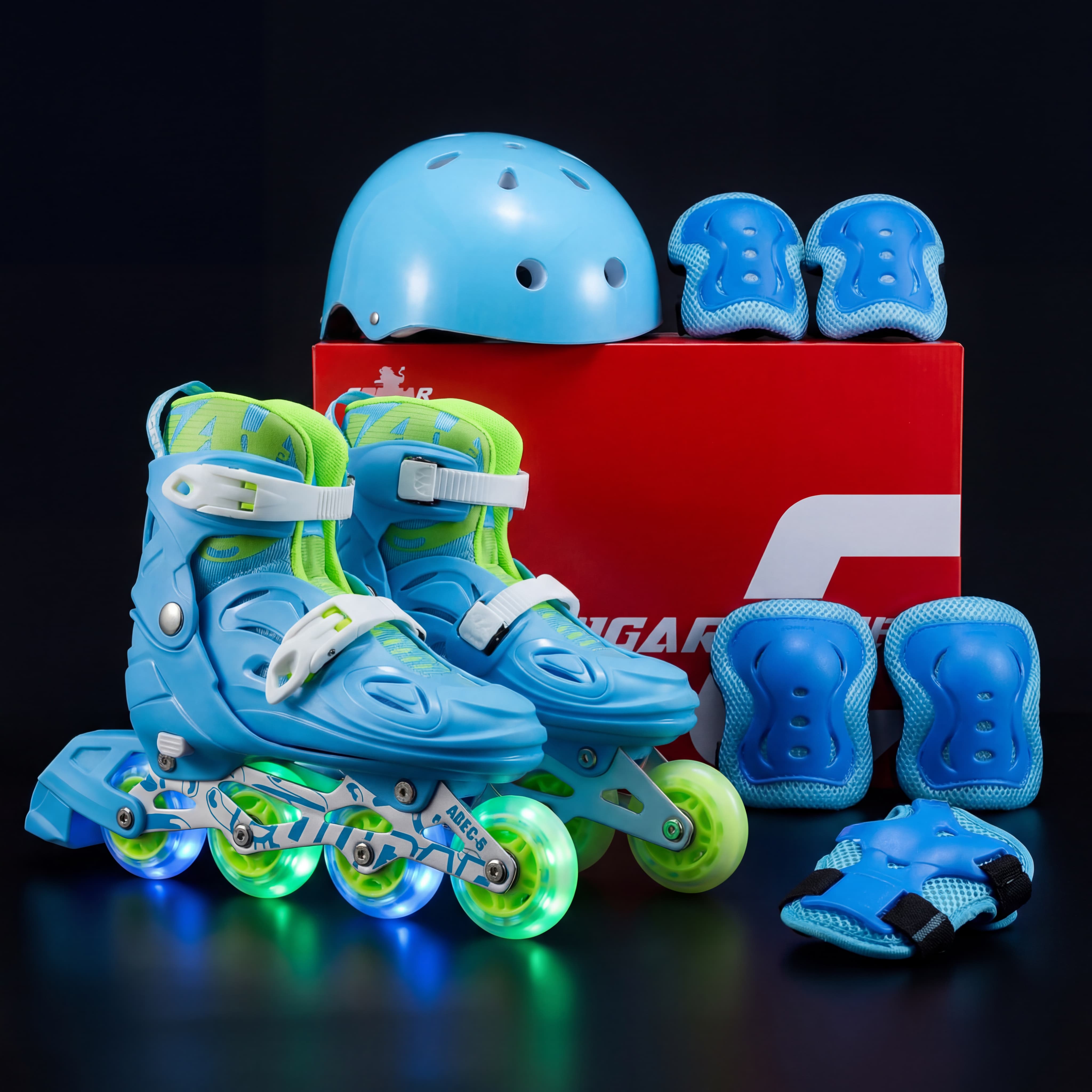 Combo Infantil de Patines Ajustables MZS807PS con llantas de Luz + Casco + Kit de Protecciones