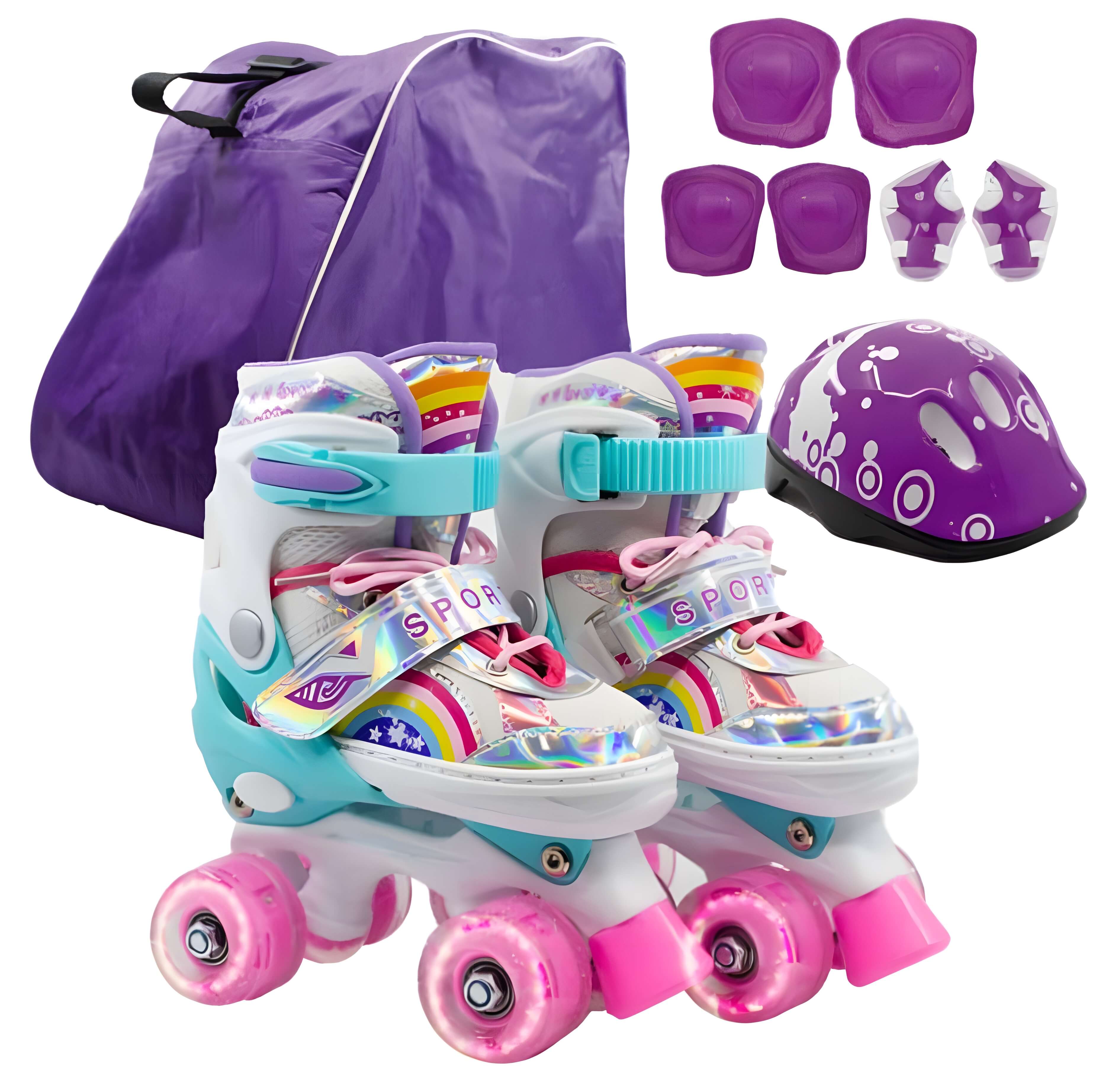 Combo infantil de Patines Ajustables +  Casco + Protecciones  con llantas de luz